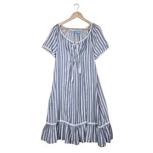 Iconique Linen Dress M Blue White Striped Ruffle Tassels Pockets Beach Nautical